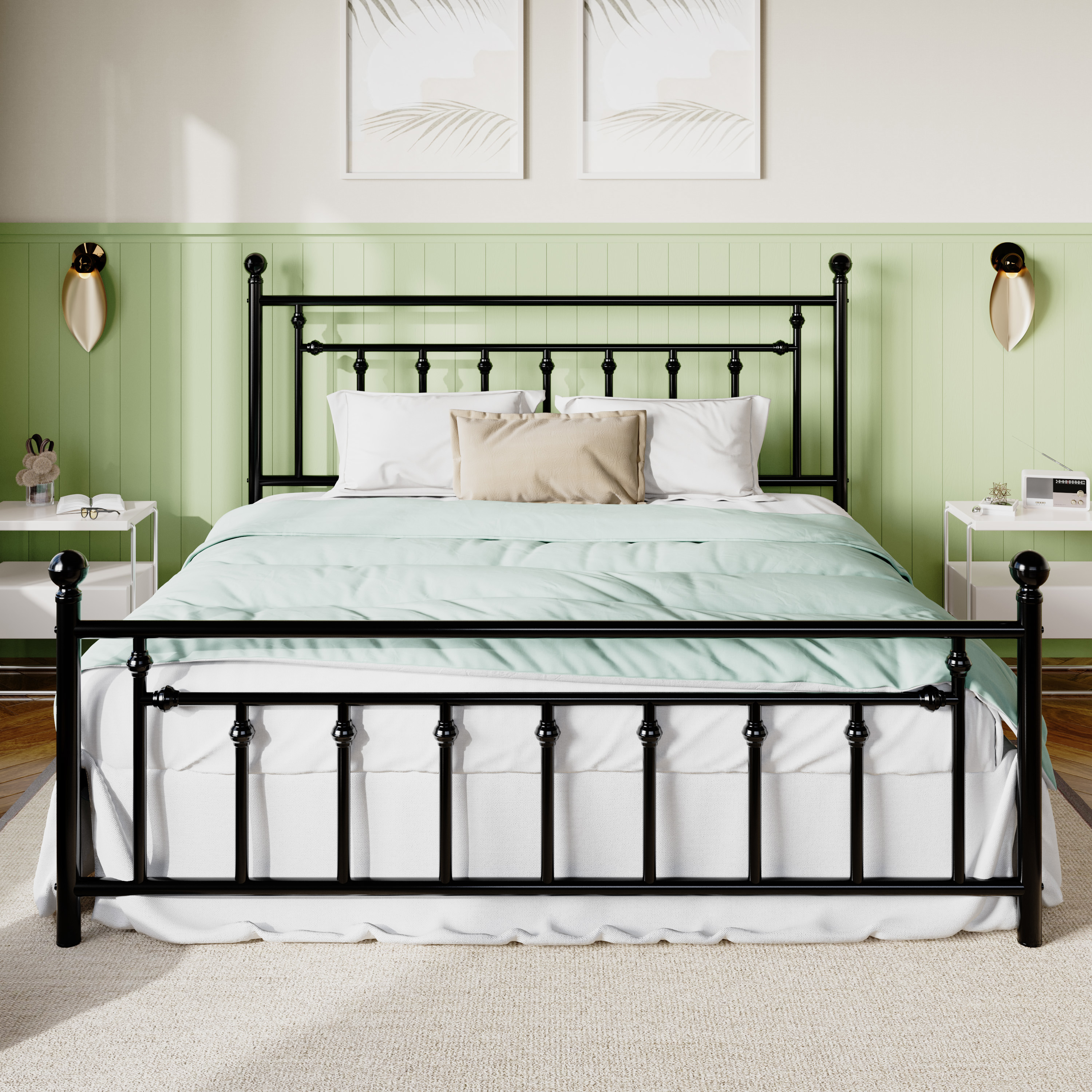 Sifurni King Size Metal Platform Bed Frame with Victorian Vintage Headboard, Black