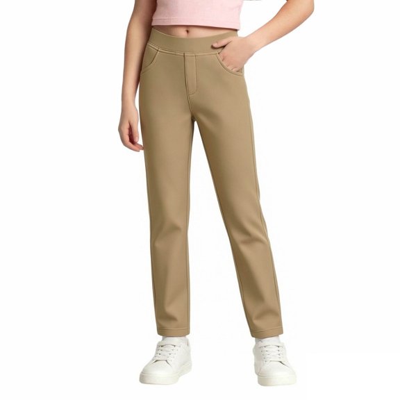 School Uniform Pants for Girls Slim Fit Pocket Stretchy Elastic Waistband Solid Print Uniform Back To School Girls Pants Size 5-6 Years