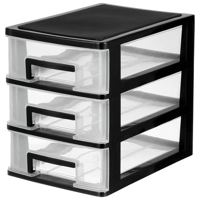 Minicaja de plástico transparente con 3 cajones para escritorio, organizador de cosméticos y artículos diversos (negro y transparente).