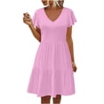 thumbnail image 1 of AherBiu Robes Boho pour Femmes Manches Courtes Col en V à Volants Robe d'Été Fluide de Plage avec Poche, 1 of 1