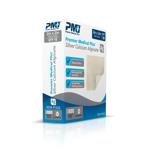 Premier Medical Plus Silver Calcium Alginate Wound Care Dressing 2x2 Box of 10
