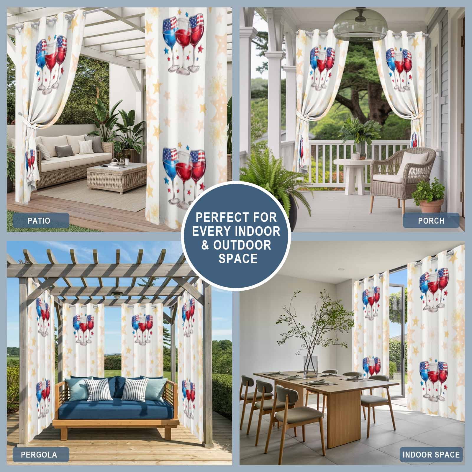 Independence Day Wine Outdoor Curtains for Patio, American Flag Red Blue Star Yellow Firework Sunshade Privacy Drapes Grommet Waterproof Outside Curtains for Porch/Cabana/Balcony 54"x 108", 1 Panel