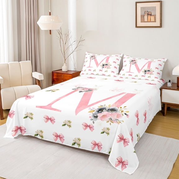 Homewish Bow Bowtie Ribbon Twin Sheet Sets,Colorful Flower Floral Twin Fitted Sheet,First Letter M Flat Sheet For Girls,Super Cozy Room Decor,3pcs