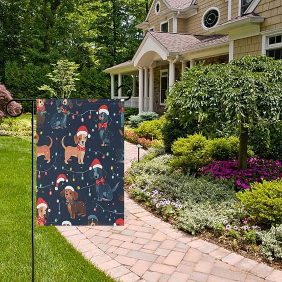 Christmas Dogs Light Garden Flag Double Sided 12 x 18 Inch Outside Yard Decoration Outdoor Flag