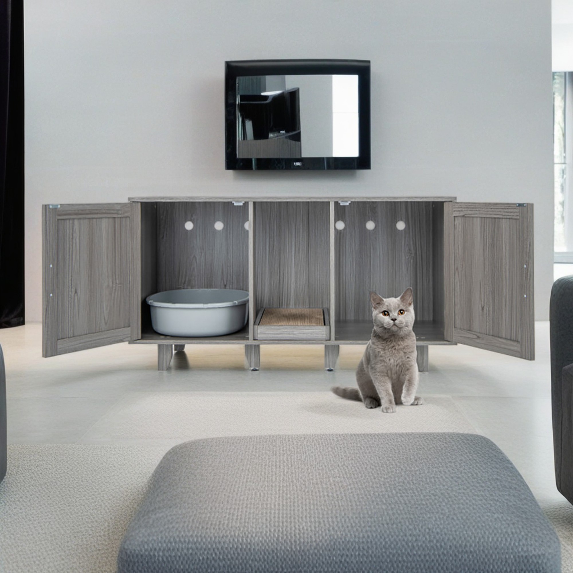 resenkos 47" Litter Box Enclosure for 2 Litter Boxes, Hidden Cat Washroom with 2 Cabinet House, Scratching Board, Indoor Cat Litter Furniture, Dark Gray