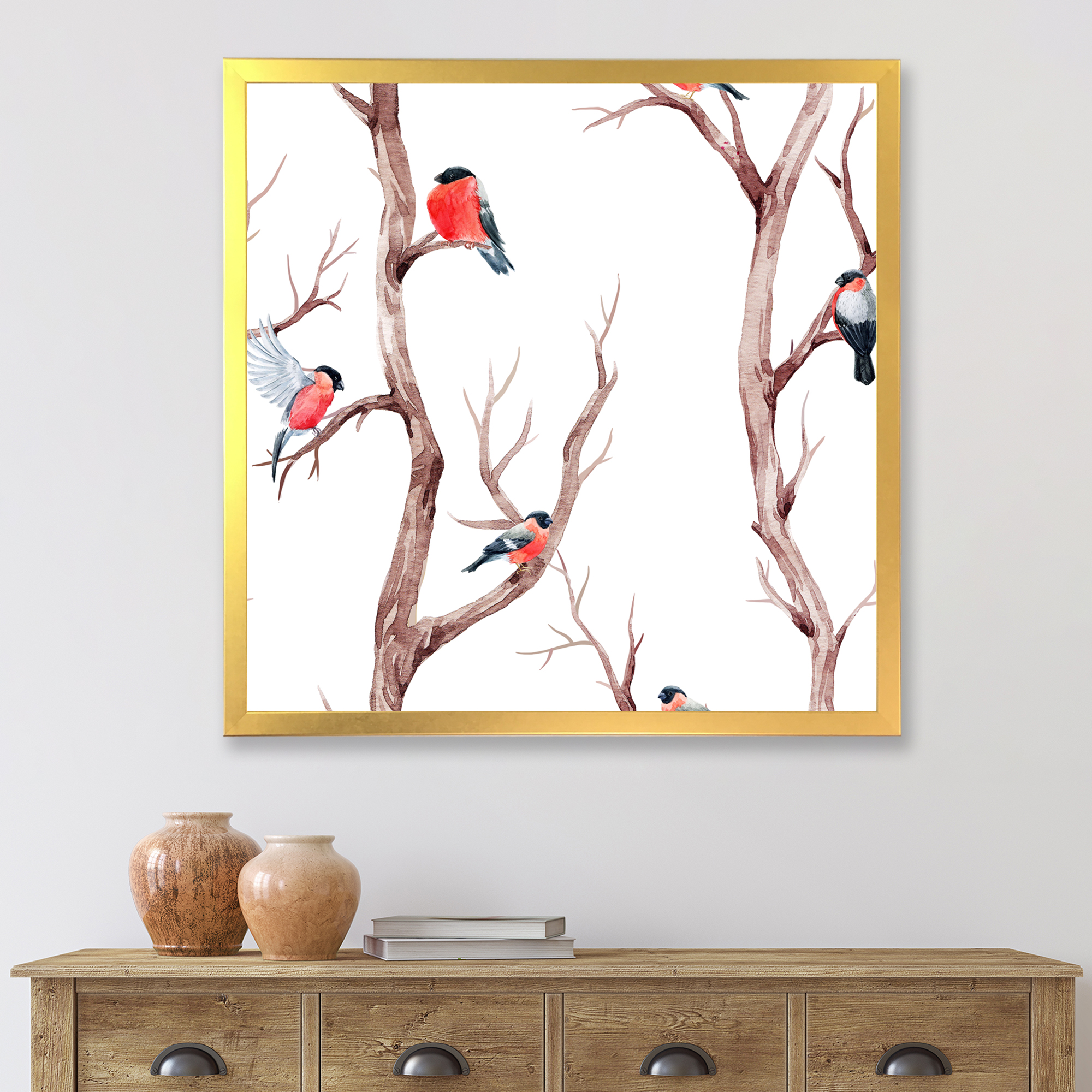Designart 'Little Birds Sitting On The Tree Branches III' Traditional Framed Art Print