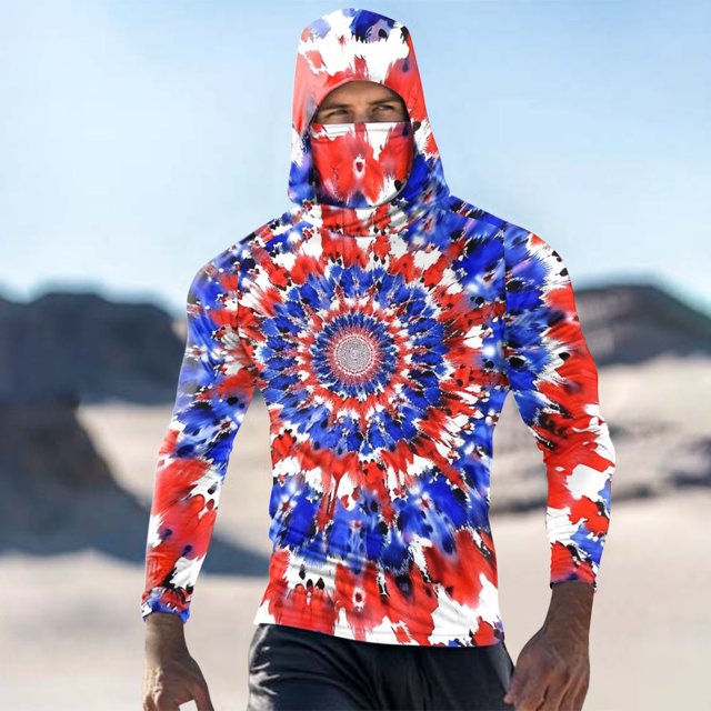 Viluyesy Mens Sun Shirt UV Protection with Face Mask, Printed Quick Dry Breathable Rash Guard Long Sleeve Shirt A Multicolor XL