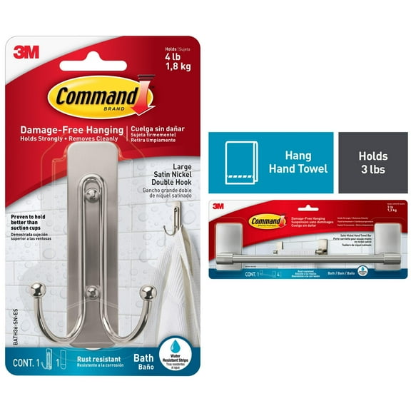 Command Bath Satin Nickel Hand Towel Bar, 1 Towel Bar and Command Large Double Bathroom Wall Hook, Satin Nickel