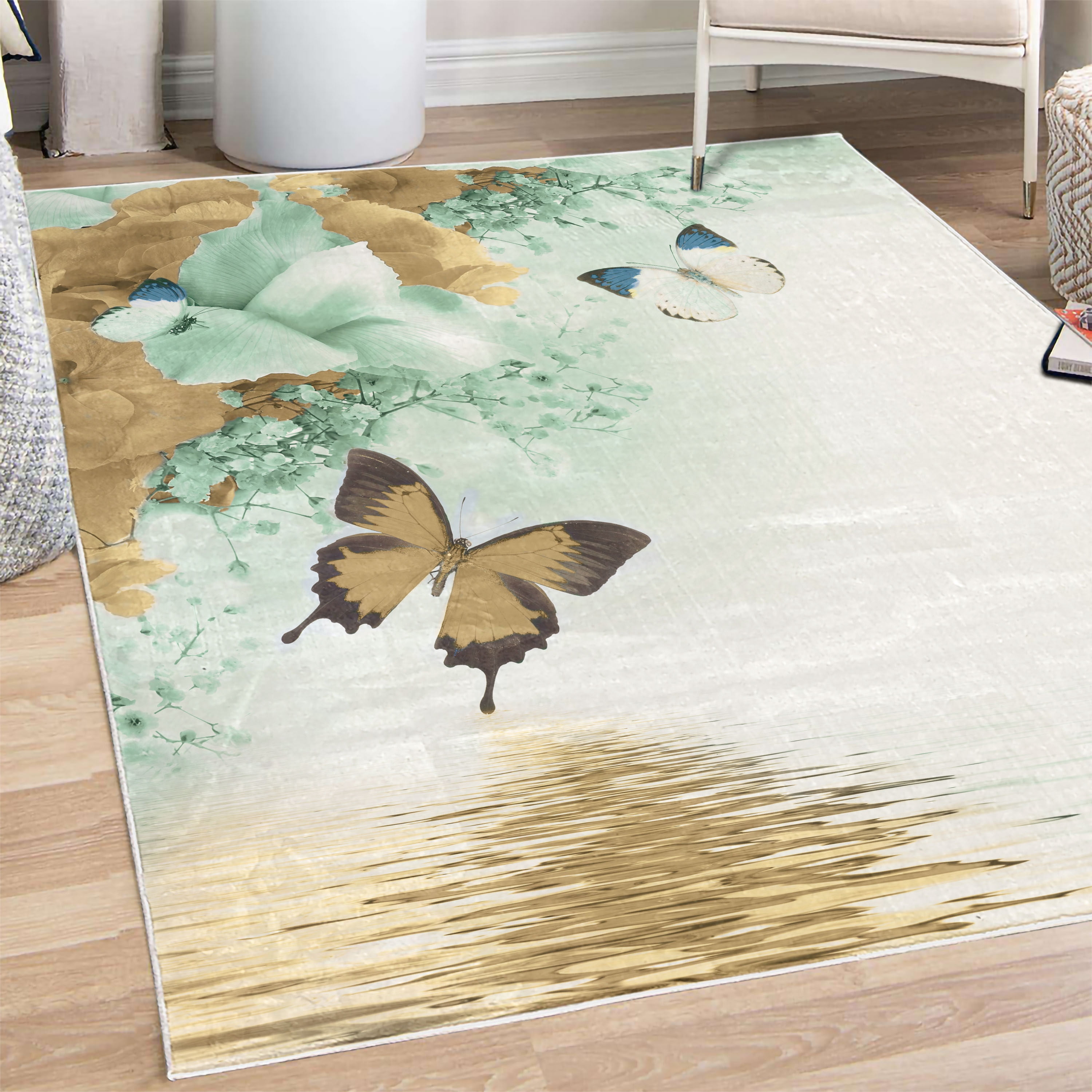 Floral Decorative Rug, Nature Theme Wild Flowers Monarch Flying ...