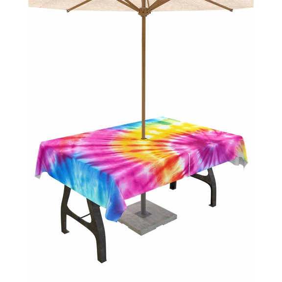 Hokiten Outdoor Tablecloths with Umbrella Hole & Zipper, Colorful Boho Rectangle Tablecloth 60x120 Inch, Pink Yellow Blue Green Tie Dye Abstract Art Waterproof Table Cloth, Patio/Pool Table Covers