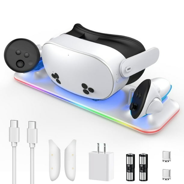 Para la base de carga Meta Quest 3S, estación de carga rápida PD de 18 W con luz RGB, soporte de carga magnético para casco/mando de realidad virtual con 2 baterías recargables