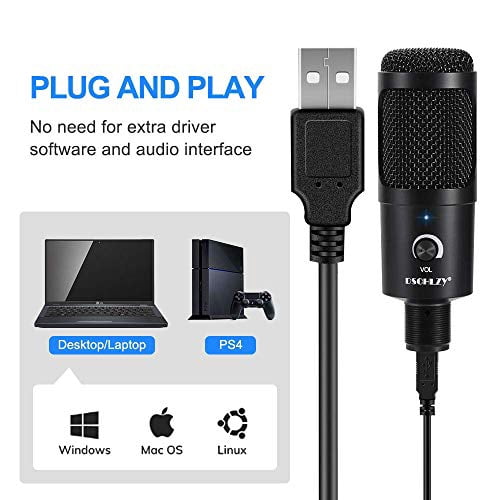 USB Condenser Microphone Bundle Kit,192KHZ/24BIT Professional Cardioid Computer Mic with Adjustable Scissor Arm Stand Shock Mount and Gain Knob for Recording,for Podcasting,Gaming,YouTube (Black)