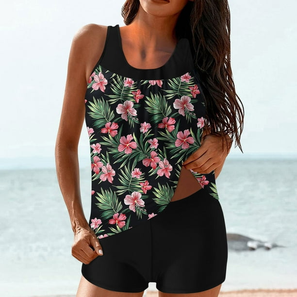 Trajes de baño tankini para mujer Trajes de baño de dos piezas con espalda de tiras y estampado conservador para mujer Traje de baño de dos piezas para mujer