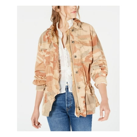 FREE PEOPLE Womens Orange Pocketed Camouflage Top Coat Jacket Size: M
