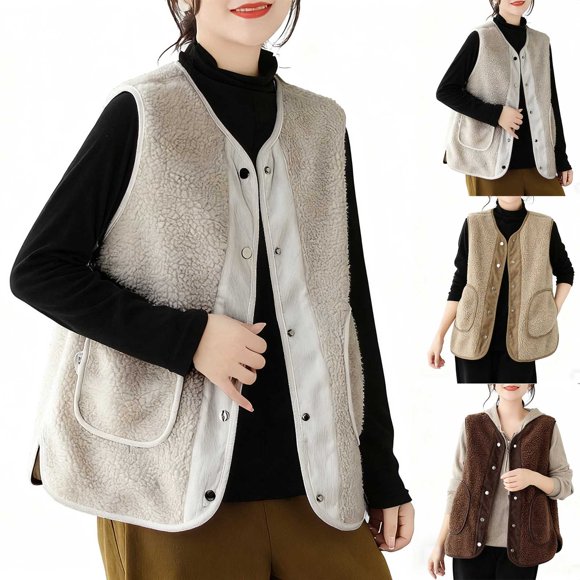 Mceream Womens Sherpa Vest Warm Fuzzy Faux Shearling Vest Sleeveless Fleece Jacket with Pockets Teddy Coat Gilet for Winter Plus Size Outwear Chaqueta De Invierno Para Mujer Beige XL