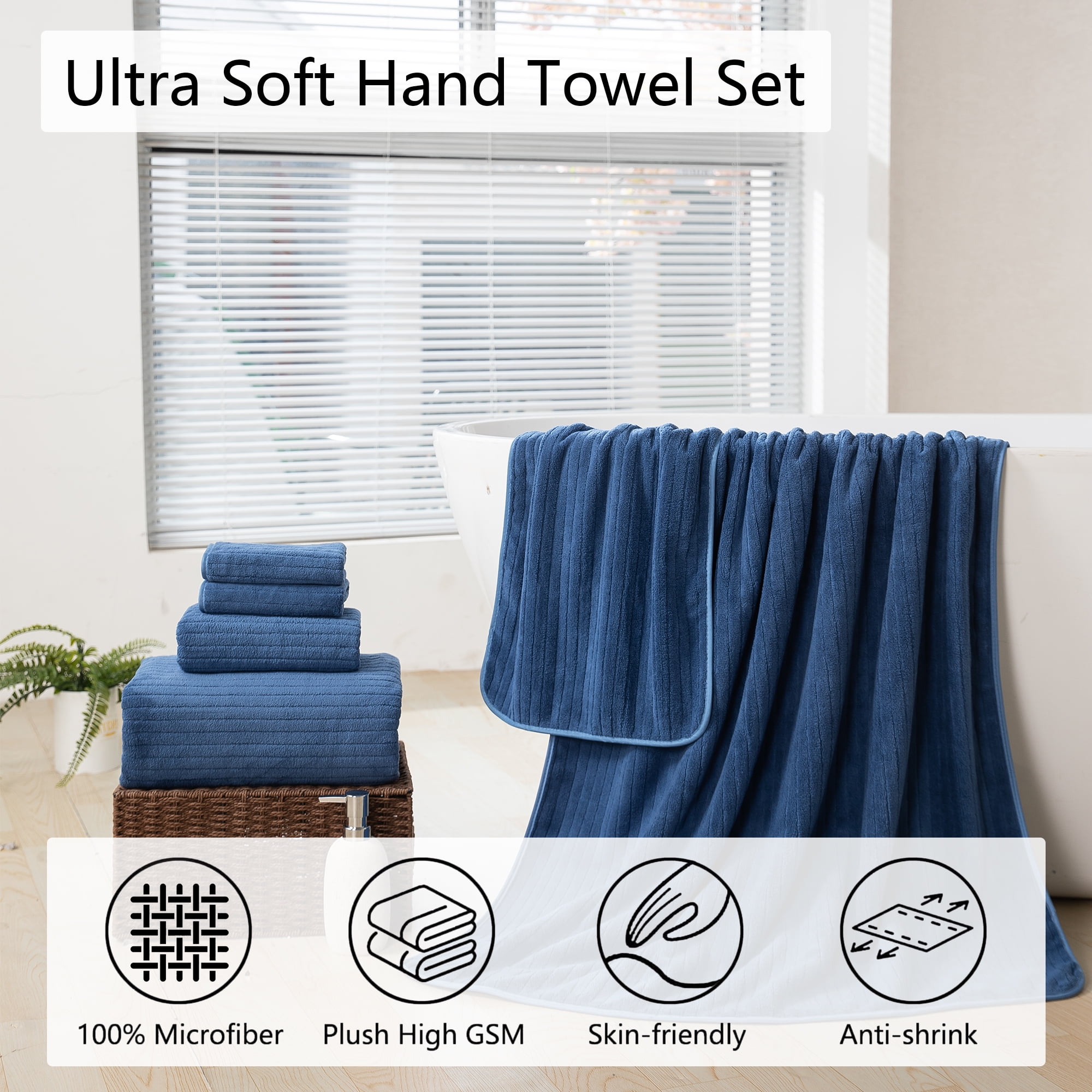 Jessy Home 2 Pack Navy Blue Stripe Hand Towels Set