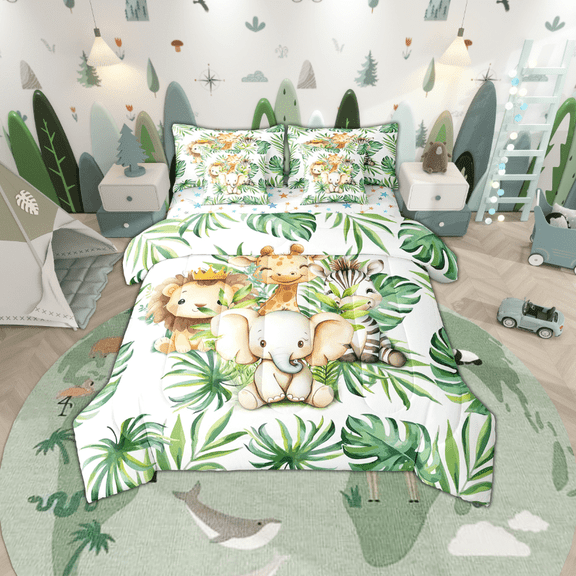 Erosebridal Elephant Lion Zebra Bedding Sets Twin Size,Tropical Leaves Comforter Sets with Sheets,Cartoon Animal Bed in a Bag Twin size,Ultra Soft Kawaii Bedroom Decoration,Reversible,7-Piece