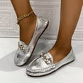 thumbnail image 2 of Women's Loafers Wide Width, French Retro Metallic Leather Slip-On Flats, Metal Chain Soft Sole Moccasins Casual Shoes, Gold/Silver, 2 of 9
