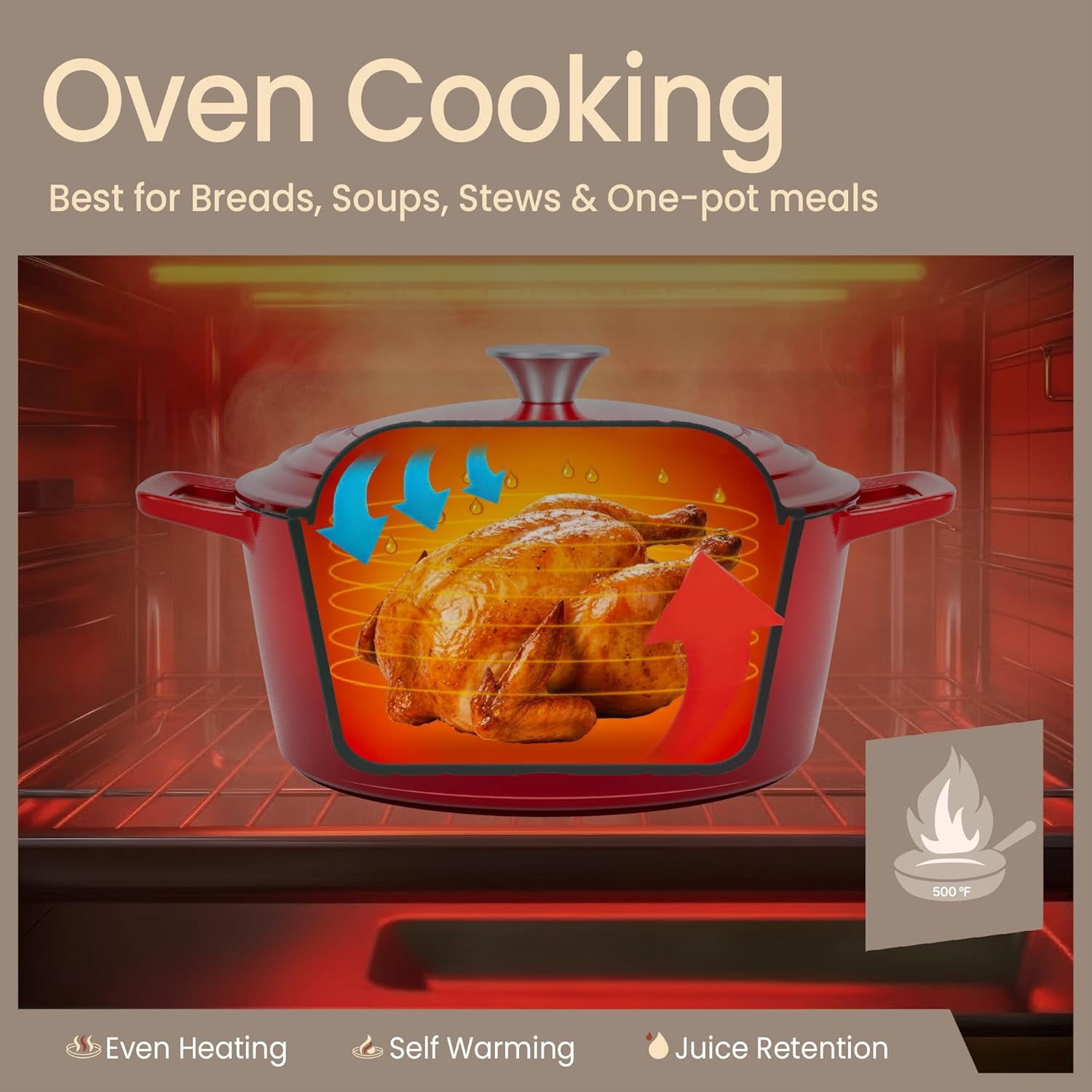 Bakken 6QT Red Enameled Cast Iron Dutch Oven with Moisture-Locking Lid - Oven Safe to 500°F
