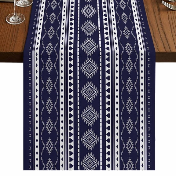 Table Runners 36 Inches Long Dress Scarves, Navy Blue Boho Farmhouse Kitchen/Dining Table Runner, Short Coffee Tablerunners, Vintage Ethnic Tribe Retro Abstract Art 13x36 Inch