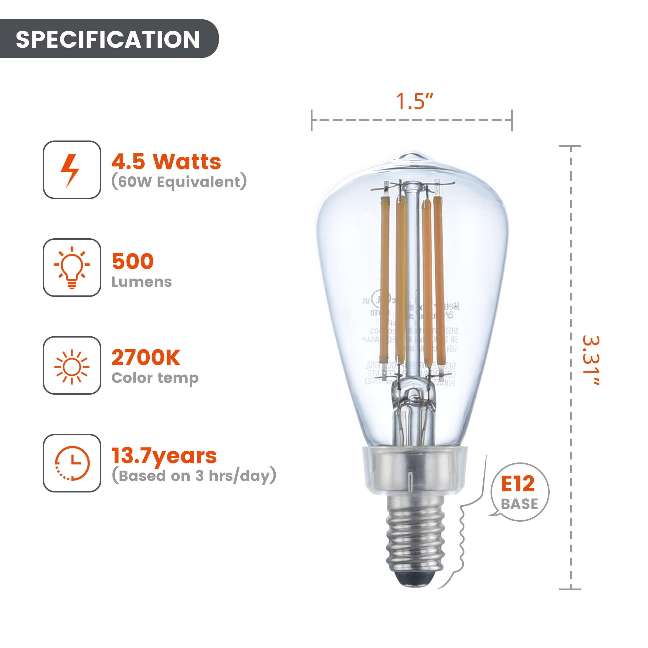 Better Homes & Gardens ST12 LED Light Bulb, 4.5 Watts (60W Equivalent) Soft White, E12 Base, 2 Pack