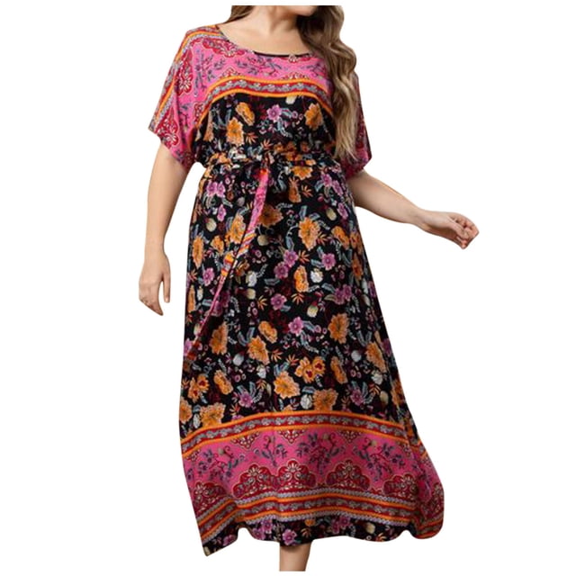 Vestido Corto de Verano de Encaje de Gran Tamaño Hasta Temperame Printi Manga Corta Cuello Redondo, Vestido Casual para las Mujeres