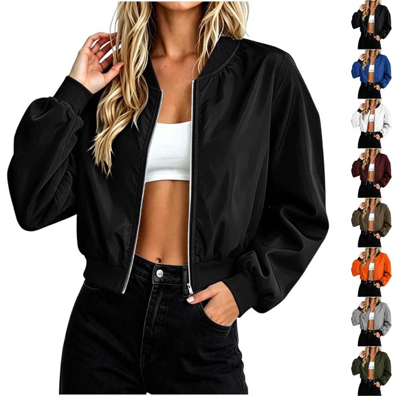 Xaqiouau Bomber Jacket Women Lightweight Zip Up Jackets Women Casual Long Sleeve Flight Jacket Ribbed Collar Windbreaker Coat