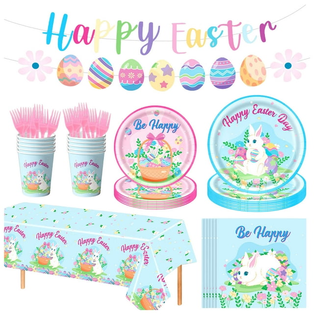 Easter Party Supplies, Happy Easter Party Tableware, Happy Easter Banner, Rabbit Paper Plates Napkins Cups for Easter Spring Party Decorations