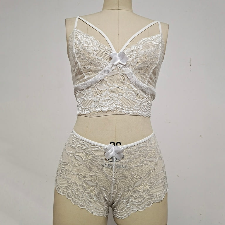 Valentines Day Gifts! UHUYA Sexy Lingerie For Women G-Strings Women Plus  Size Lingerie Corset Lace Floral Bralette Bra Two Piece Underwear White L