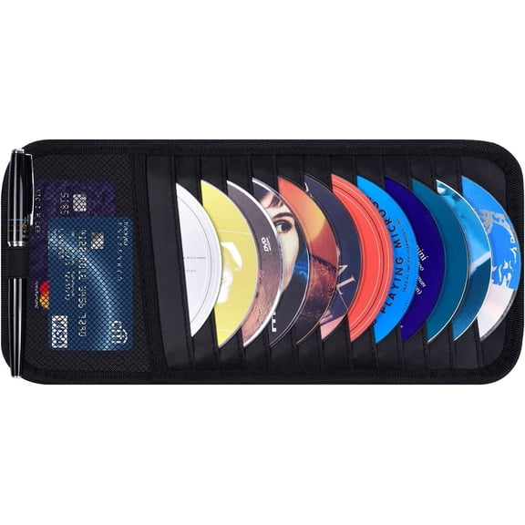 Car CD Case Holder, Vehicle Sun Visor Organizer for Cars with 12 DVD Storage Sleeves, 1 Mesh Pocket, 1 Pen Holder and Elastic Strap, Black