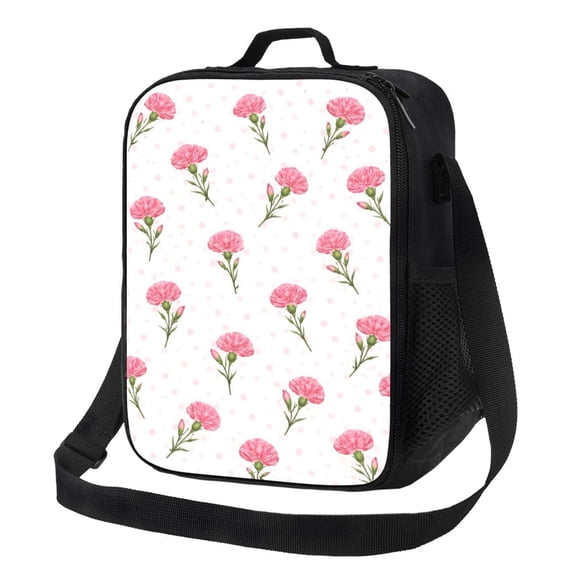 Pink Carnation Floral Lunch Bag Insulated Thermal Box with Shoulder Strap & Handle for Work and Picnic