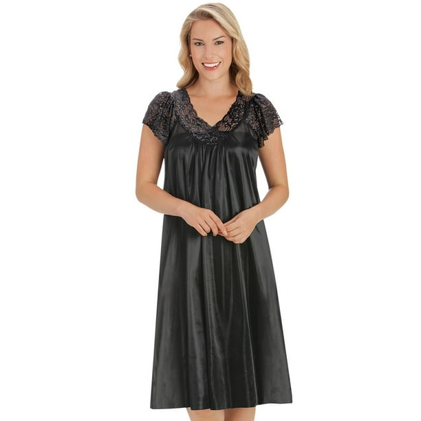 Silky Lace Trim V-Neckline Knee-Length Nightgown with Flutter Lace Sleeves