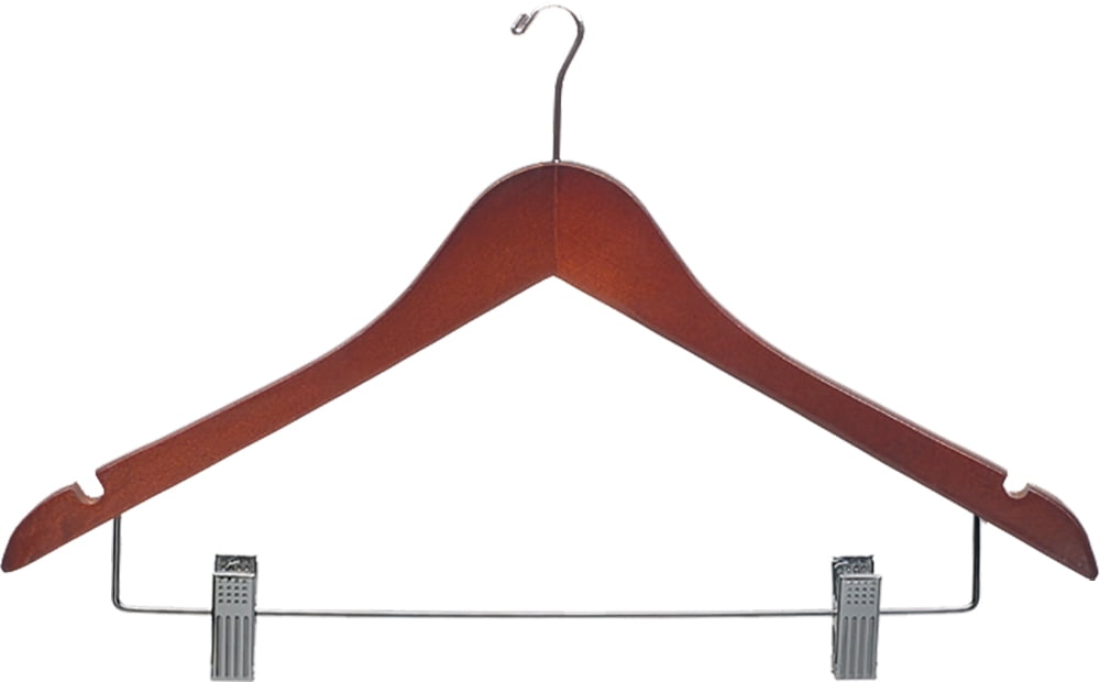 International Hanger Wooden Security Hanger with Anti-Theft Mini Hook and Clips, Walnut Finish with Chrome Hardware, Box of 50