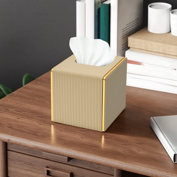 Grusce Tissue Box Cover, Cube Leather Tissue Box Holder with Gold-Tone Metal Wrapped Edge Design, Decorative Tissue Covers for Bedroom Office Table Desk Countertop, Decor Aesthetic