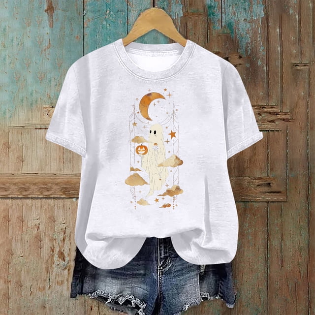 T-Shirt Imprimé Halloween pour Femmes Manches Courtes Décontracté Col Rond Mode pour Usage Quotidien Polyester Automne Printemps