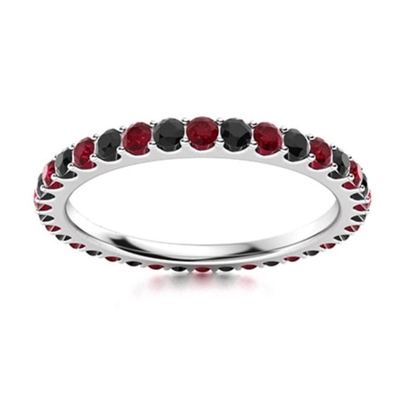 Full Eternity 2MM Round Shape Black Spinel & Ruby 925 Sterling Silver Women Ring