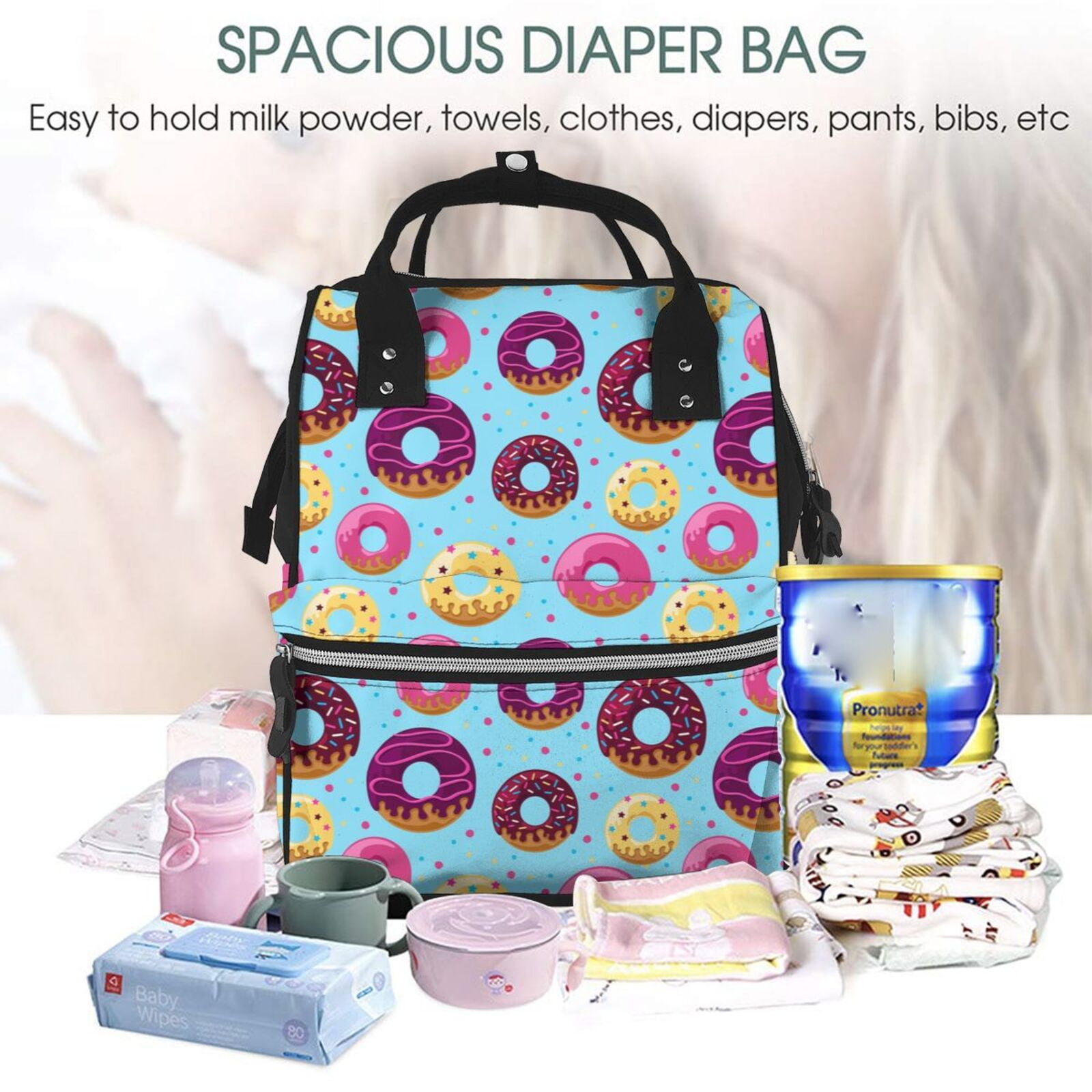 Ratiio Donuts Mummy Backpack - Waterproof Twill Canvas, Large Capacity Diaper Bag with Multiple Pockets and Adjustable Straps