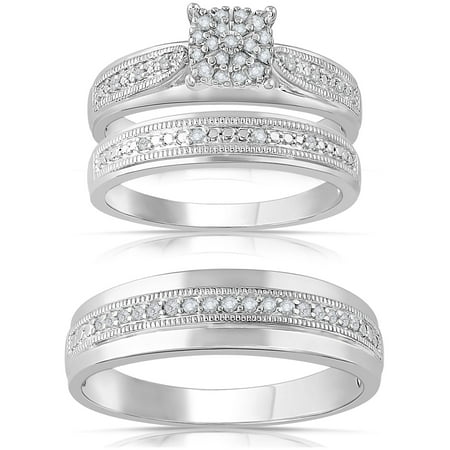 Forever Bride 1/4Ct Diamond Engagement Ring Trio Set, Sterling Silver, Size 5-10