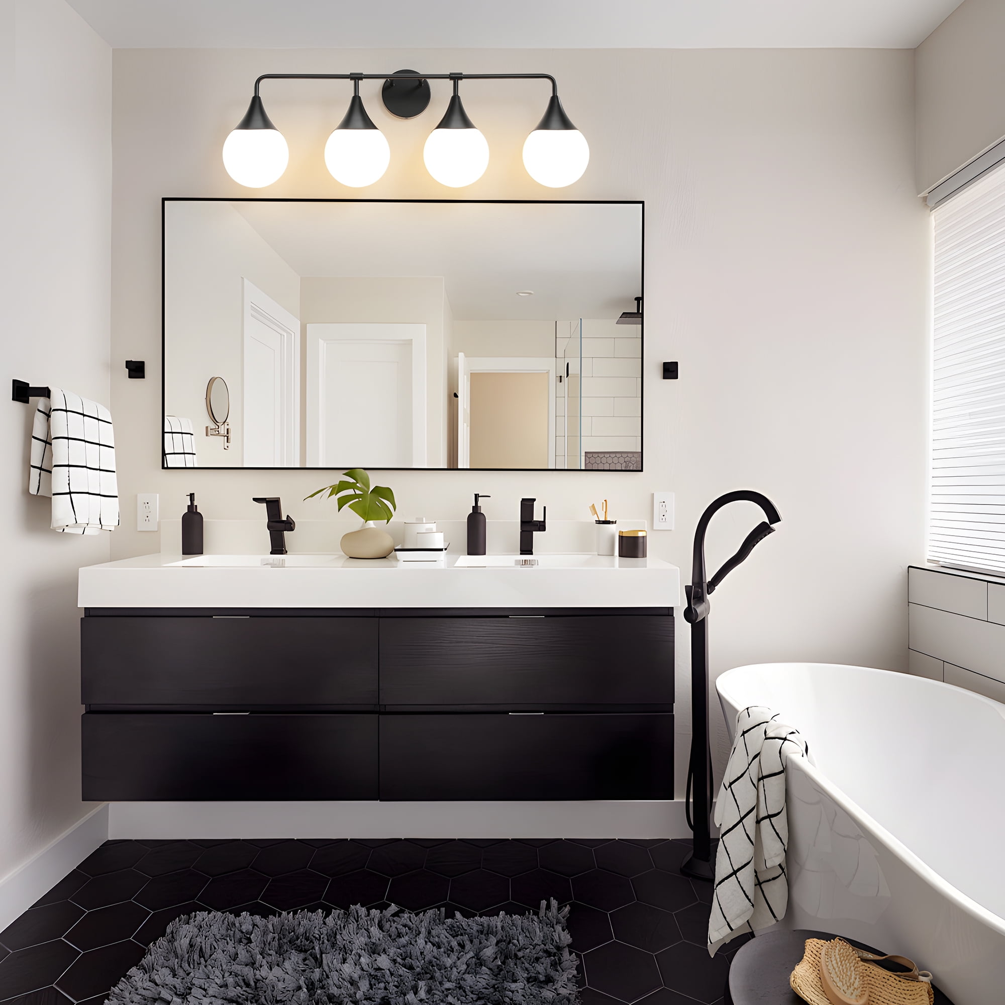 Bathroom Vanity Light 4-Lights Bathroom Lighting Fixtures Over Matte Black Wall Sconces with Frosted Globe Glass for Hallway Restroom