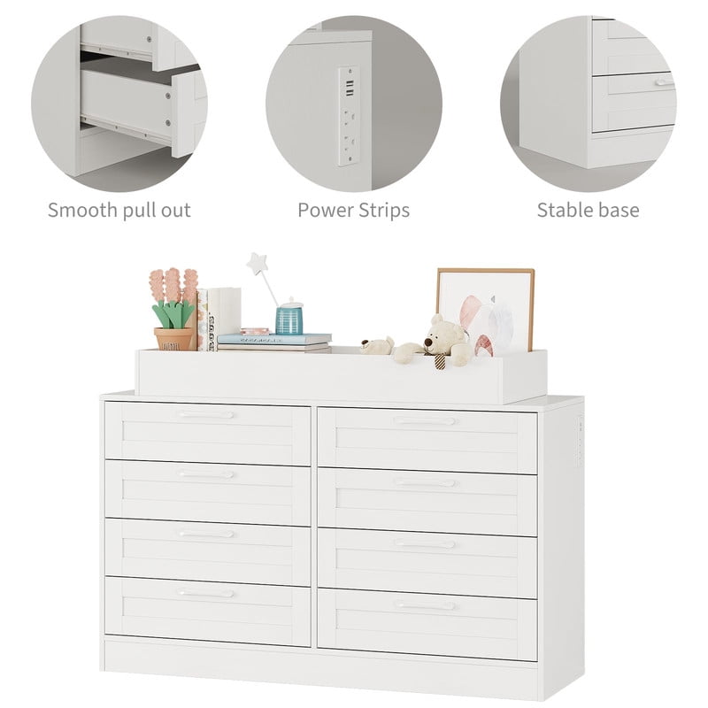 TROPOW Table Dresser with 8 Wood Drawers, Classic Nursery Dresser, Changing Shelves, Multi-Functional Diaper Changing Station, Dresser for Bedroom