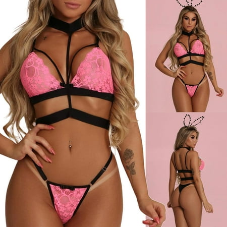 

UoCefik Women s Lingerie Sexy Strappy Heart Hollow Out Lace Teddy Bra and Panty Sets Pink S