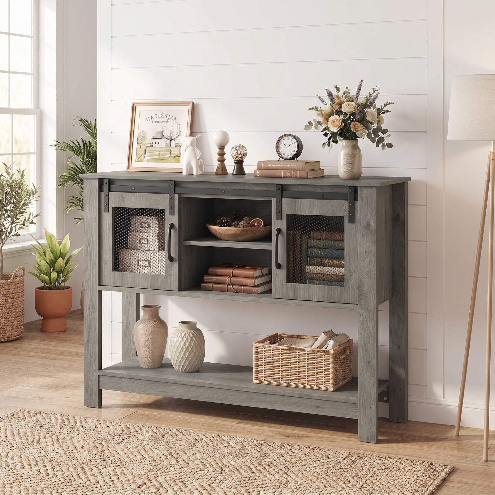 Furnibear 40 Inch Narrow Console Table with Sliding Barn Doors and Storage Cabinets for Entryway Hallway and Behind Couch, Rustic Brown