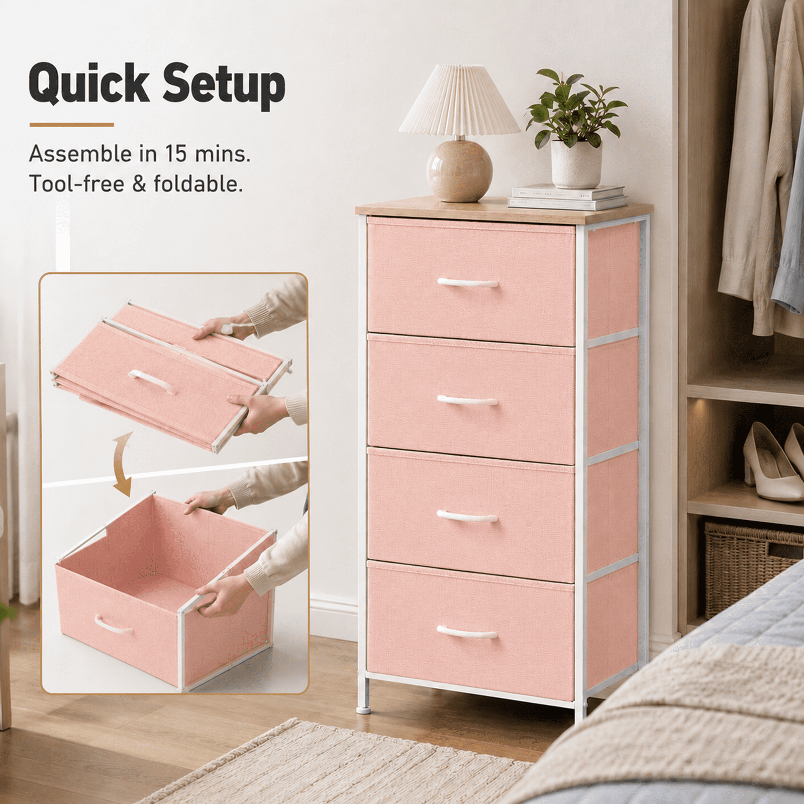 Alvantor Dresser for Bedroom with 4/5 Storage Drawers, Dressers Chest of Drawers Fabric Dresser with Sturdy Steel Frame, Wooden Top Cabinet Night Stand Dresser for Closet