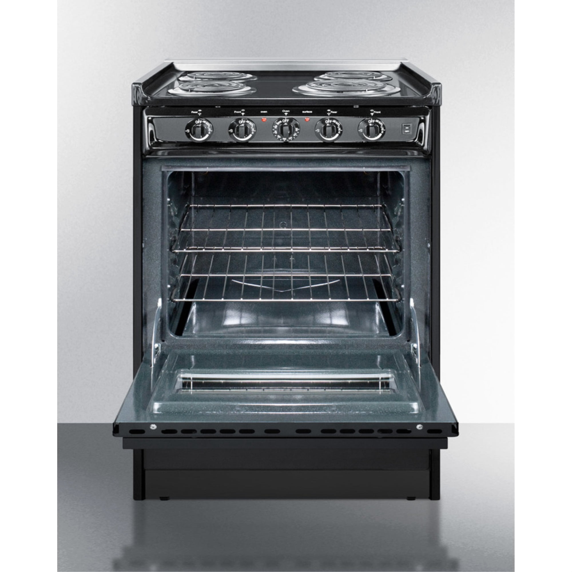 24" wide slide-in style electric coil range in black with window