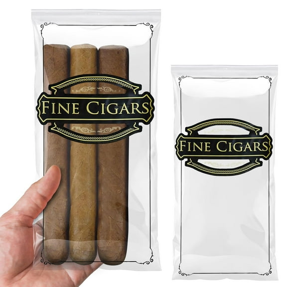 Clear Printed Fine Cigar Bags, Reclosable Polyethylene Zipper, 100 Count, 4 x 8 in