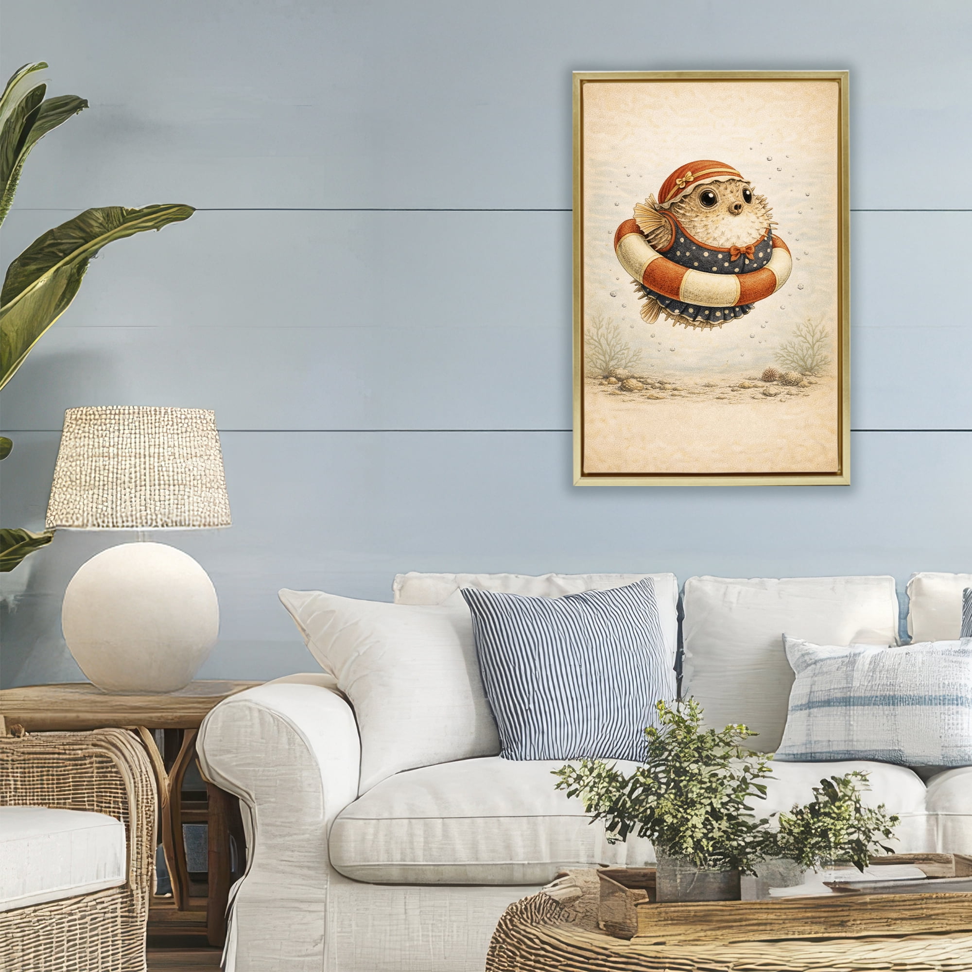 Stupell Industries Pufferfish Of Maritime Bathing Society Gold Framed Floater Canvas Wall Art, design by Grotto Studios