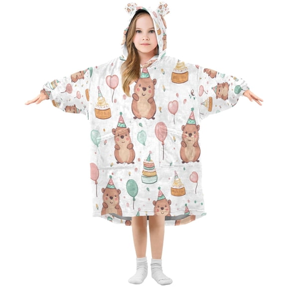 Wearable Blanket with Sleeves and Pocket Oversized Hooded Sweatshirt 3-14 YR Capybara Wearing Party Hat S