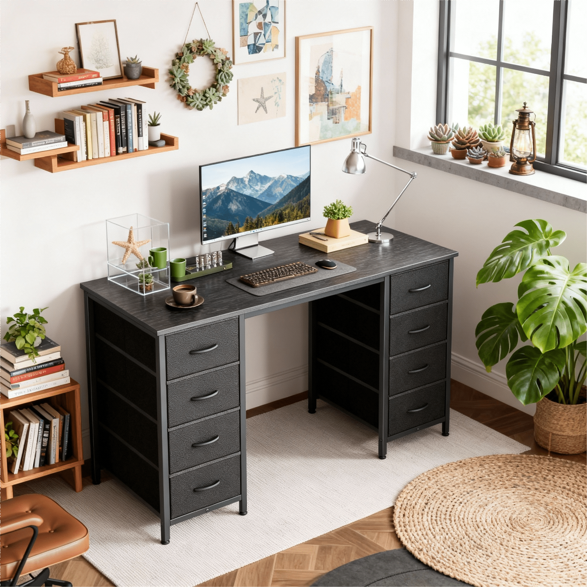 CONCETTA 47 Inch Computer Desk with 8 Fabric Drawers, Home Office Desk Workstation for Study & Gaming, Large Storage Writing Desk, Sturdy Metal Frame, Black