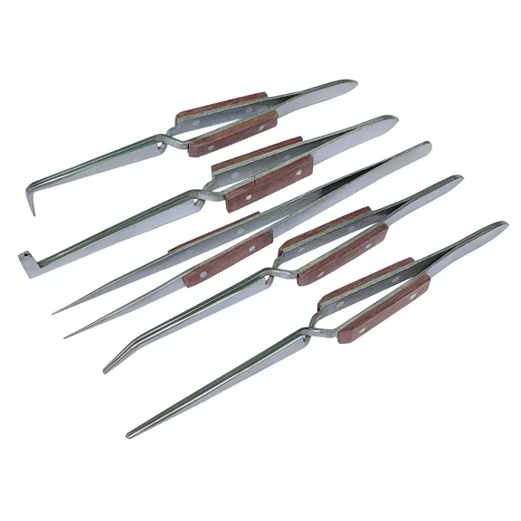 5 Tweezers Jewelry Soldering Fiber Grip Cross Locking Set Bent & Straight Tip