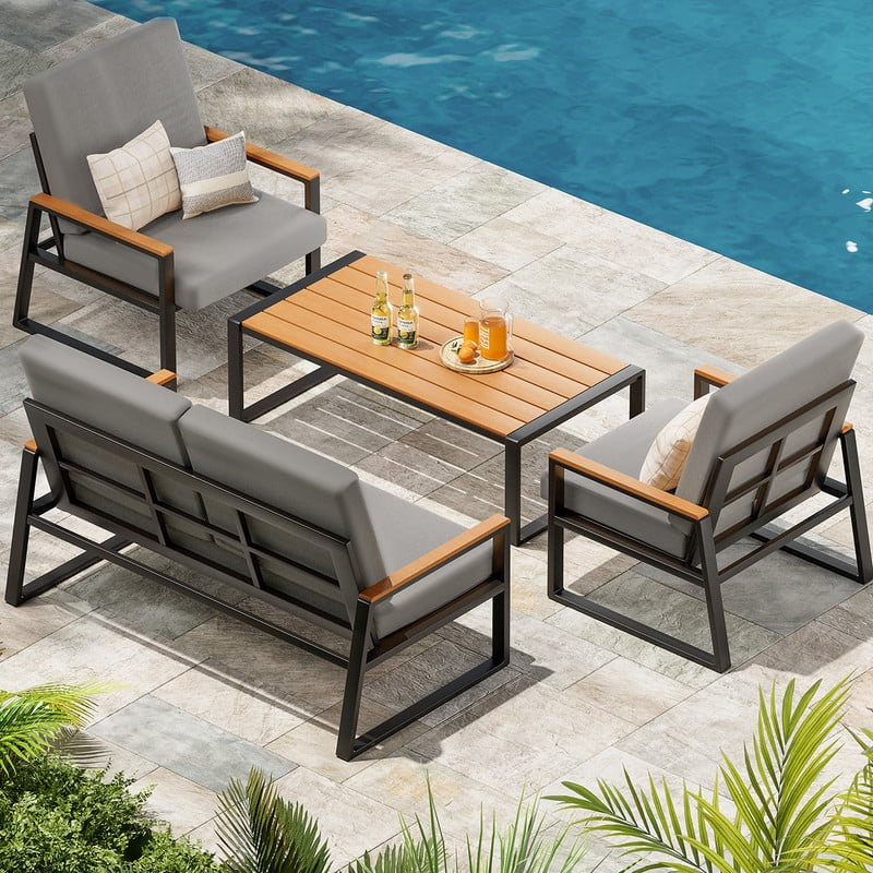 Patio Furniture Set, All-Weather Outdoor Conversation Set with Loveseat, Armchairs, Coffee Table, and Removable Cushions, Outdoor Sectional-Style Seating for Patio, Garden, Yard, Gray